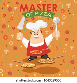 Master of pizza. Colored, vector illustration. A cheerful cook in the kitchen prepares pizza.