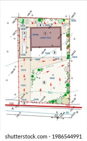 Gesamtplan eines Privathauses und seines angrenzenden Gebiets. Vektorgrafik