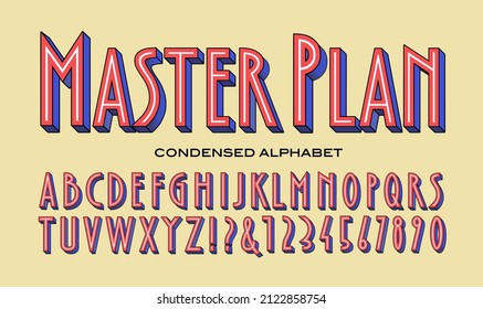 Master Plan is a tall condensed vector alphabet with 3d effects in a red white and blue color scheme.