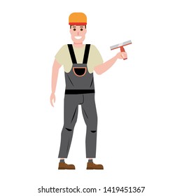 Master plastering wall plasterer, profession, character, uniform, tool putty knife. Vector illustration of cartoon flat design style, isolated