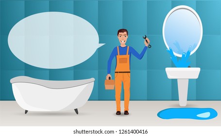 Master plumber in the bathroom repairs broken water tap with splashes of water. With blank free space.
