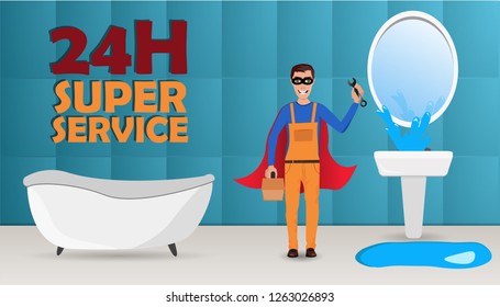 Master plumber in the bathroom repairs broken water tap with splashes of water. With blank free space.