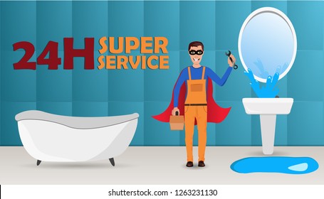 Master plumber in the bathroom repairs broken water tap with splashes of water. With blank free space.