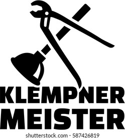 Master Plumber with pipe wrench und plunger german