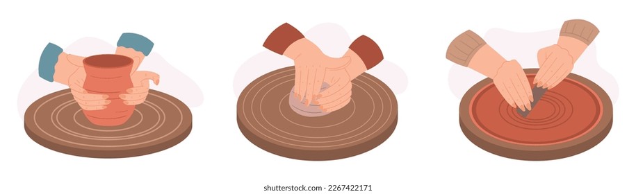 Master Potter Skillfully Sculpts Clay On A Spinning Wheel Smoothing The Clay To Create A Perfect Crockery Masterpiece, Vase, Pot or Jug Isolated on White Background. Cartoon Vector Illustration