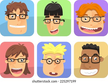 Master prodigy intelligent nerd avatar, with six different nerds wearing thick rimmed glasses. With black hair, brown hair, red colored geek, vector illustration.