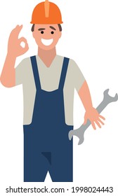 master in a protective helmet and a wrench in his hand shows with a gesture that everything will be fine