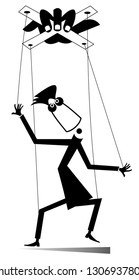 Master of puppet isolated illustration. Hand pulls string wires and puppet man black on white
