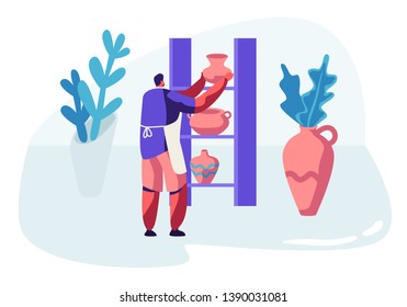 Master Putting Clay Pots on Shelves in Pottery Studio. Male Artist Character Make Handcrafted Earthenware Crockery, Decorating Ceramics. Creative Hobby, Leisure. Cartoon Flat Vector Illustration