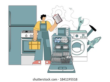 Master, repair master Home electronics appliances dishwasher, refrigerator, microwave, gas stove, washing machine. Vector illustration, flat.