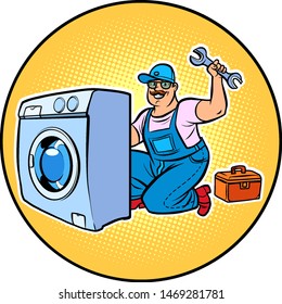 master repair washing machine. Pop art retro vector illustration drawing