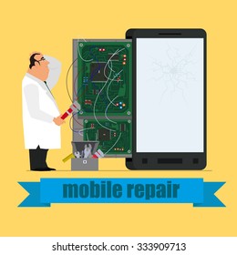 master repairing mobile phone. vector illustration in the flat style for your design.