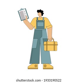 Master, repairman. A man with a suitcase with tools and a tablet of completed work. Vector isolated illustration on white background