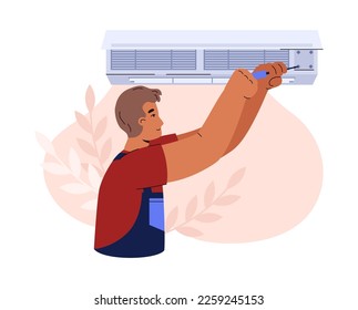 El patrón repara los sistemas de refrigeración del acondicionador de aire montado en la pared, la ilustración del vector de dibujos animados planos aislados en el fondo blanco. emblema del servicio de aire acondicionado.