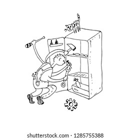 The master repairs the refrigerator. Vector illustration.