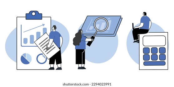 Master of Science in finance isolated cartoon vector illustrations set. Group of diverse people making business plan together, budget planning, study investment banking, management vector cartoon.