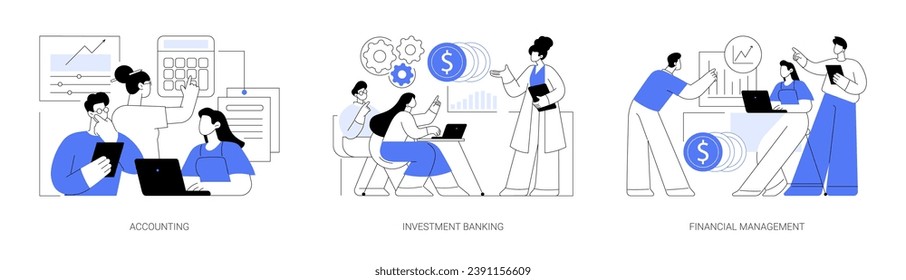 Master of Science in finance isolated cartoon vector illustrations set. Group of diverse people making business plan together, budget planning, study investment banking, management vector cartoon.