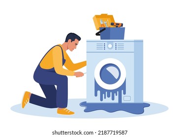 Master with set of professional tools repairs a washing machine. Washing machines repair service. Man character in uniform and washing machine with a breakdown. Vector illustration