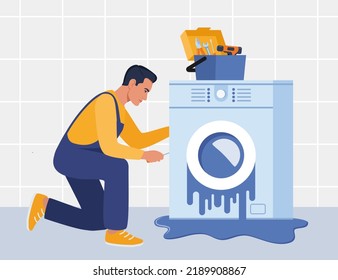 Master with set of professional tools repairs a washing machine. Washing machines repair service. Man character in uniform and washing machine with a breakdown. Vector illustration