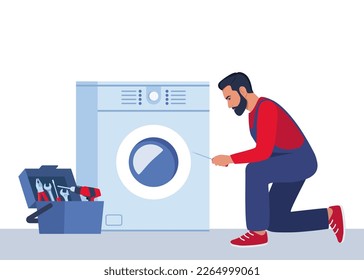 Master with set of professional tools repairs a washing machine. Washing machines repair service. Man character in uniform and washing machine with a breakdown. Vector illustration