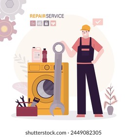 Master with set of professional tools repairs washing machine. Washing machines repair service. Man character in uniform near electronic appliance with breakdown. flat vector illustration