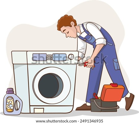 Master with set of professional tools repairs a washing machine. Washing machines repair service. Man character in uniform and washing machine with a breakdown. Vector illustration