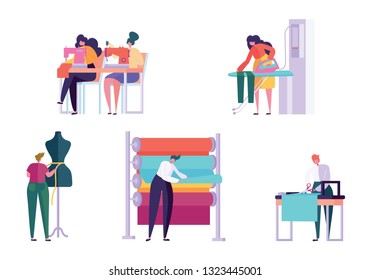 Master Sewing Clothes Character People Set. Woman Work Dressmaker Knitting Machine Ironing Fabric Creative Atelier Tailor Textile Craft Business Isolated Collection Flat Vector Cartoon Illustration