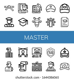 master simple icons set. Contains such icons as Black belt, Graduated, Graduate, Mortarboard, Hand puppet, Cap, Leadership, Graduation, Watchmaker, can be used for web, mobile and logo
