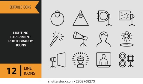 Master studio flash techniques shadow control and exposure guides using these detailed lighting experiment photography outline icons.
