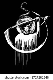 The master of the sword with a katana in his hands , makes a circular wave of his weapon, describing a perfect circle, behind him a white circle. 2D illustration
