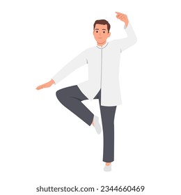 Master tai chi performs warm-up before the performance. Flat vector illustration isolated on white background