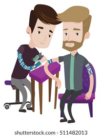 Mestre tatuador faz tatuagem na mão de um homem com a barba. Tatuista faz uma tatuagem. Tatuador profissional no trabalho. Ilustração de design plano vetorial isolada sobre fundo branco. 