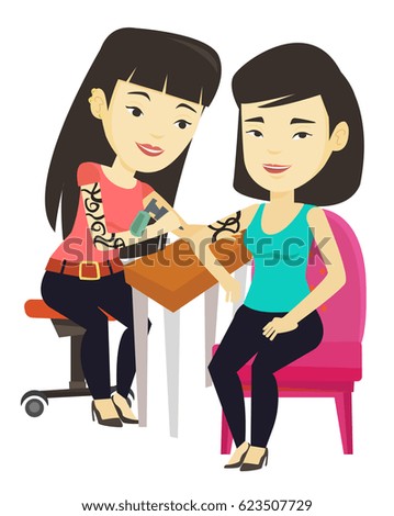 Master tattoo artist makes a tattoo on the hand of young woman. Tattooist makes a tattoo to a client. Professional tattoo artist at work. Vector flat design illustration isolated on white background.