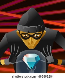 master thief stealing a diamond in museum near laser rays alarm