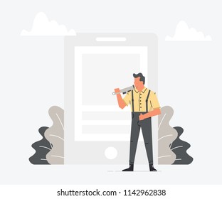 Master in work clothes with a spanner is repair big smartphone. Man repairing broken mobile phone. Vector illustration of a flat design.