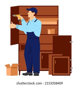 Master works with a screwdriver. Cabinet door is standing nearby. Assembling or dismantling furniture. Vector Illustration in flat style on white background.