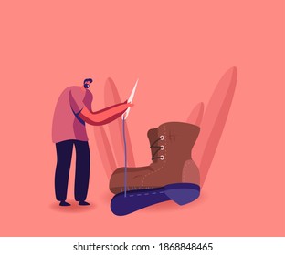 Master in Workshop Fixing Broken Shoe. Tiny Shoemaker Character Repair Huge Old Worn Boot Sewing Sole, Repairing Business, Tailoring Professional Occupation, Craft. Cartoon Vector Illustration