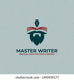 Master writer logo with a combination of books, beards, and pens. can be used as symbols, brand identity, company logo, icons, or others. Color and text can be changed according to your need.