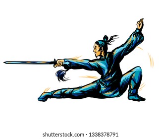 Master of wushu, Shaolin warrior in a blue kimono with a sword on training. Graphic color sketch on a white background.