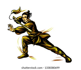 Master of wushu, Shaolin warrior in a brown kimono with a sword on training. Graphic color sketch on a white background.