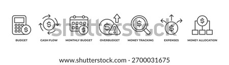 Master Your Finances Icons set vector illustration outline with Budget, Cash flow, Monthly budget, Overbudget, Money tracking, Expenses, Money allocation