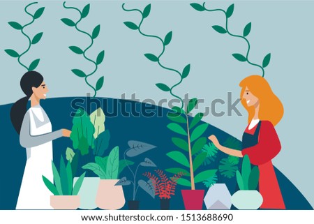 Masterclass Growing Нome Plants, Floristic Course. Two Smiling Girls in Aprons, Redhead and Brunette, Study Care House Deciduous Plants in Pots, Transplant. Flat Vector Illustration