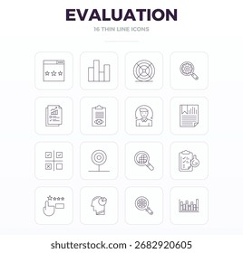 Masterfully creó 16 iconos vectoriales que representan la evaluación en el diseño de contorno delgado, con 128x128 píxeles de resolución perfecta para una calidad visual excepcional.