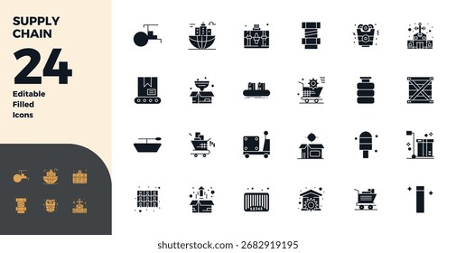 Creado magistralmente 24 iconos vectoriales que representan la cadena de suministro en diseño relleno de glifos, con resolución perfecta de 128x128 píxeles para una calidad visual excepcional.