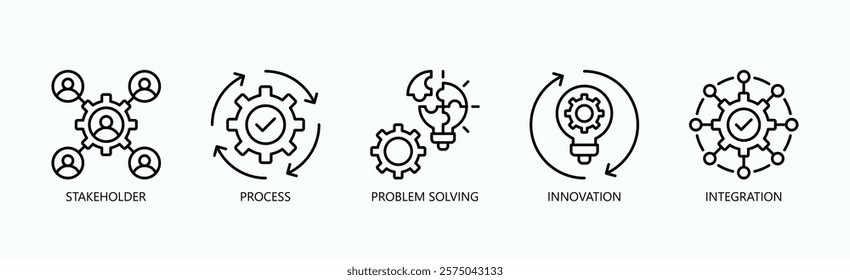 Mastering Business Excellence Icon Set Isolated Vector With Icon Of Stakeholder, Process, Problem Solving, Innovation, Integration In Outline Style