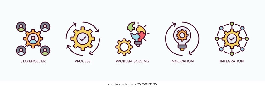 Mastering Business Excellence Icon Set Isolated Vector With Icon Of Stakeholder, Process, Problem Solving, Innovation, Integration In Outline Color Style