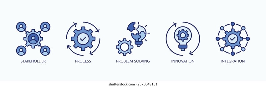 Mastering Business Excellence Icon Set Isolated Vector With Icon Of Stakeholder, Process, Problem Solving, Innovation, Integration In Blue Style