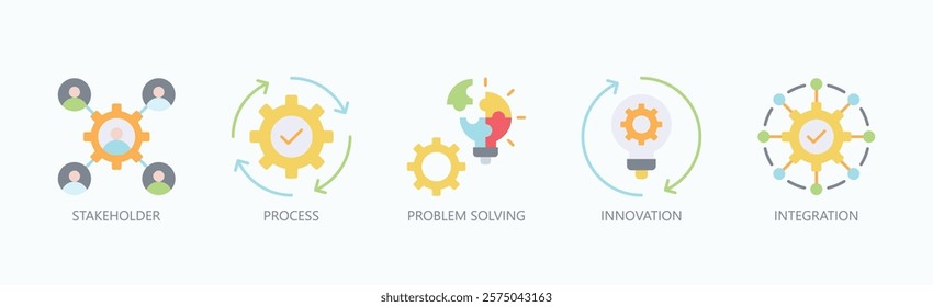 Mastering Business Excellence Icon Set Isolated Vector With Icon Of Stakeholder, Process, Problem Solving, Innovation, Integration In Flat Style