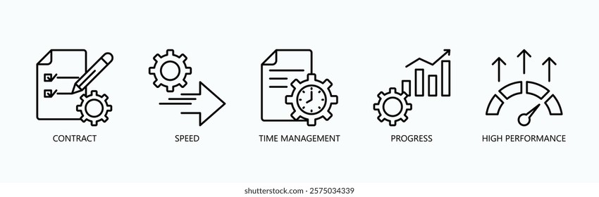 Mastering Efficiency Icon Set Isolated Vector With Icon Of Contract, Speed, Time Management, Progress, High Performance In Outline Style