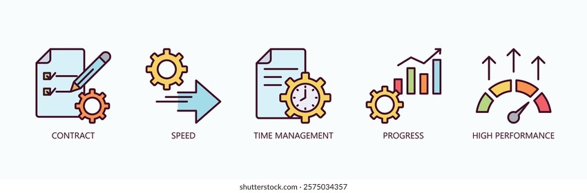 Mastering Efficiency Icon Set Isolated Vector With Icon Of Contract, Speed, Time Management, Progress, High Performance In Outline Color Style
